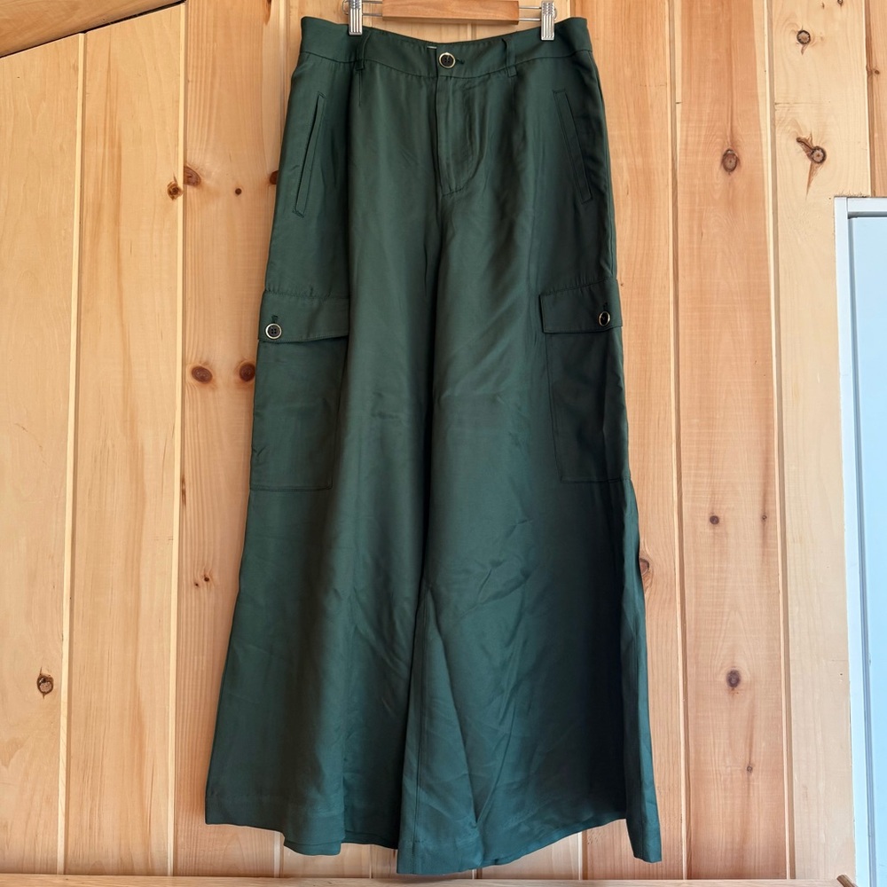 Maeve Anthropologie Shiny Green High-Rise Wide-Leg Pants 16P